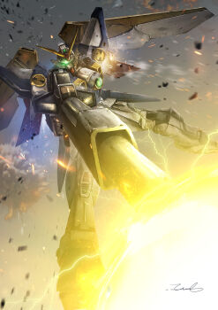 absurdres beam_rifle buster_rifle commentary_request damaged debris electricity energy_gun explosion firing foreshortening full_body glowing glowing_eye green_eyes gun gundam gundam_wing highres holding holding_gun holding_weapon mecha mecha_focus missing_limb mobile_suit motion_blur no_humans robot science_fiction signature solo sparks taka-f v-fin weapon wing_gundam