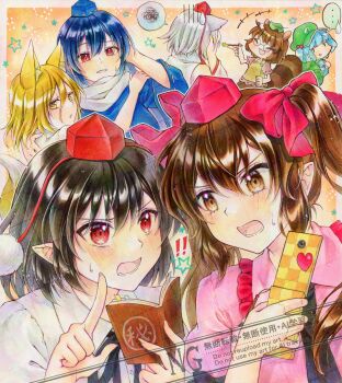 ! !! +++ ... 6+girls alto2019 animal_ears black_necktie black_ribbon blonde_hair blue_dress blue_hair blue_hat blush bow brown_eyes brown_hair camera camera_phone cellphone collared_shirt commentary_request detached_sleeves dress eye_contact flip_phone fox_ears fox_girl fox_tail frilled_shirt_collar frills futatsuiwa_mamizou glasses green_bag green_hat grey_hair hair_between_eyes hair_bow hand_on_own_head hat highres himekaidou_hatate holding holding_camera holding_phone iizunamaru_megumu inubashiri_momiji kawashiro_nitori kudamaki_tsukasa long_hair long_sleeves looking_at_another marker_(medium) multiple_girls neck_ribbon necktie open_mouth phone pink_bow pink_hat pink_shirt pointy_ears pom_pom_(clothes) red_eyes red_hat ribbon ribbon-trimmed_sleeves ribbon_trim romper scarf shameimaru_aya shirt smile spoken_ellipsis spoken_squiggle squiggle star_(symbol) sweatdrop tail tokin_hat touhou traditional_media twintails watermark watermark_grid white_romper white_scarf white_shirt wide_sleeves wolf_ears wolf_girl yellow_eyes