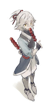 aged_down alternate_costume armor black_gloves boots chinese_clothes dango eating fingerless_gloves food from_above full_body gloves hair_between_eyes highres holding holding_food honkai:_star_rail honkai_(series) jing_yuan long_hair male_focus mississipping pants red_ribbon ribbon standing wagashi white_background white_hair yellow_eyes