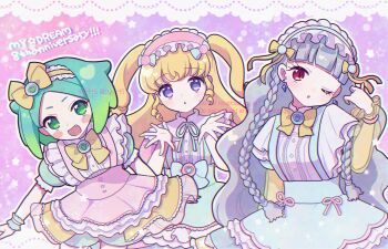 3girls :d anniversary blonde_hair blue_skirt blunt_bangs bow braid collared_shirt commentary_request cowboy_shot fang frilled_hairband frills gradient_hair green_eyes green_hair grey_hair hair_bow hairband hands_up highres idol_time_pripara koda_michiru koyoshi_yoko long_hair long_sleeves looking_at_viewer miichiru_(pripara) multicolored_hair multiple_girls nijiiro_nino one_eye_closed open_mouth pink_hairband pretty_series pripara puffy_short_sleeves puffy_sleeves purple_eyes red_eyes ringlets shirt short_hair short_sleeves skirt smile standing star_(symbol) suspender_skirt suspenders twin_braids two_side_up wavy_hair white_shirt yellow_bow yellow_hairband yumekawa_yui