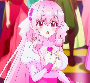 absurdres blush dress female_focus hair_ornament highres long_hair looking_at_viewer magnolia_konoha open_mouth pink_dress pink_hair tensei_akujo_no_kuro_rekishi upper_body