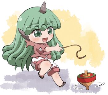 1girl :3 :d black_horns blush brown_sandals chibi chibi_only collared_shirt commentary_request curly_hair full_body green_eyes green_hair horns komainu_ears komainu_girl komano_aunn long_hair open_mouth red_shirt rokugou_daisuke sandals shirt short_sleeves shorts signature single_horn smile solo spinning_top standing standing_on_one_leg touhou white_shorts