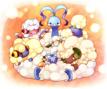 >_< 00s 10s 1990s_(style) :3 altaria bird closed_eyes cottonee creature drifloon flaaffy gen_2_pokemon gen_3_pokemon gen_4_pokemon gen_5_pokemon horns jumpluff looking_at_viewer mareep nintendo no_humans okamori_kuo one_eye_closed pokemon pokemon_(creature) pokemon_bw pokemon_dppt pokemon_gsc pokemon_rse retro_artstyle sheep sitting smile sparkle swablu whimsicott