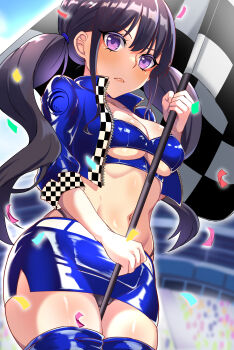 absurdres angel_lingxing black_hair black_panties blue_jacket blue_skirt blue_thighhighs breasts checkered_clothes checkered_flag cleavage flag highleg highleg_panties highres holding holding_flag inoue_takina jacket long_hair lycoris_recoil midriff navel panties race_queen skirt thighhighs thighs twintails underboob underwear unzipped