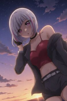 Rule 34 | 1girl, black gloves, black jacket, black shorts, breasts, camisole, commentary, cowboy shot, dutch angle, gloves, gradient sky, grey hair, half gloves, hashtag-only commentary, highres, isao tsukada, jacket, link! like! love live!, long sleeves, looking at viewer, love live!, medium breasts, midriff, multicolored hair, navel, open clothes, open jacket, orange sky, pink eyes, pink streaks, purple sky, red camisole, short shorts, shorts, single bare shoulder, sky, solo, star (sky), starry sky, streaked hair, sunset, untranslatable commentary, virtual youtuber, yugiri tsuzuri, yugiri tsuzuri (summer casual)