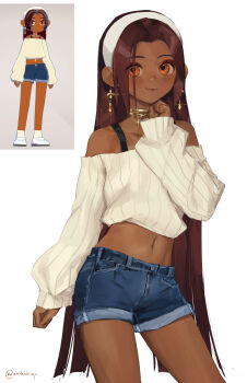 1girl blue_shorts brown_hair cowboy_shot crop_top dark-skinned_female dark_skin demi_(nashidrop) denim denim_shorts earrings hairband hand_up highres jewelry long_hair looking_to_the_side midriff nashidrop navel off-shoulder_sweater off_shoulder original reference_inset shorts smile solo sweater white_hairband white_sweater