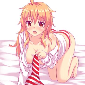 1girl artist_self-insert blonde_hair blush breasts highres looking_at_viewer medium_breasts medium_hair necktie nipples nottytiffy open_clothes open_mouth panties shirt solo striped_clothes striped_panties tiffy_(nottytiffy) underwear undressing white_shirt