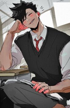 1boy black_hair black_sweater_vest blush book closed_eyes collared_shirt commentary desk diagonal-striped_clothes diagonal-striped_necktie elbow_rest grey_pants haikyuu!! head_rest indoors kuroo_tetsurou male_focus necktie open_book open_collar pants red_necktie school_desk shirt short_hair sitting sleeves_rolled_up smile solo spiked_hair striped_clothes striped_necktie sweater_vest symbol-only_commentary teeth white_shirt yappdoll