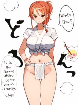1girl 2boys aroused_nosebleed blonde_hair blood breasts english_text fundoshi hand_on_own_hip heart heart-shaped_eyes highres japanese_clothes kasumi_6 kinemon large_breasts looking_at_viewer multiple_boys nami_(one_piece) nosebleed one_piece orange_eyes orange_hair ponytail sanji_(one_piece) shirt simple_background tied_shirt white_background white_shirt