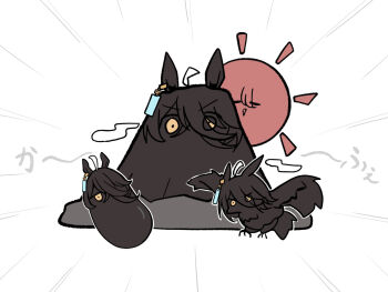 Rule 34 | :&gt;, agnes tachyon (umamusume), ahoge, animal, animal ears, animalization, bird, black hair, brown eyes, closed eyes, eggplant, emphasis lines, eyes visible through hair, foodification, hair over one eye, hatsuyume, hawk, highres, horse ears, horse tail, kawamochi (kawauti919), manhattan cafe (umamusume), mount fuji, mountain, parted lips, simple background, smile, sun symbol, tail, translation request, triangle mouth, umamusume, v-shaped eyebrows, white background, white hair