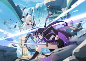 2girls aeloria_(stella_sora) bare_shoulders black_dress black_hair black_serafuku black_shirt black_skirt black_socks breasts chitose_(stella_sora) colored_inner_hair dress earrings game_cg green_eyes grey_hair highres holding holding_sword holding_weapon jewelry katana long_hair long_sleeves miniskirt multicolored_hair multiple_girls non-web_source official_art one_side_up outdoors pleated_skirt purple_hair school_uniform serafuku shirt skirt sleeveless sleeveless_dress small_breasts socks stella_sora sword sword_tassel tassel very_long_hair water weapon white_shirt