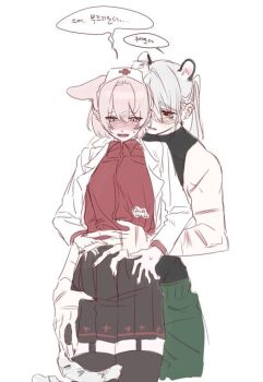 0820_lakia 2girls animal_ears black_shirt black_skirt black_thighhighs blush collared_shirt commentary_request garter_straps green_pants hand_on_another's_stomach hand_on_another's_waist korean_commentary long_hair long_sleeves multiple_girls norse original pants parted_lips pink_hair pleated_skirt rabbit_ears red_shirt shirt short_hair simple_background skirt sleeveless sleeveless_shirt snow_leopard_ears snow_leopard_tail sweatdrop thighhighs white_background white_hair yuri