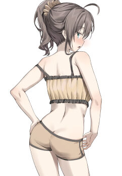 1girl absurdres ahoge ass back bare_arms bare_shoulders blue_eyes brown_hair butt_crack commentary cowboy_shot crop_top from_behind hair_ornament hair_scrunchie hand_on_own_hip highres hololive long_hair looking_at_viewer looking_back median_furrow midriff natsuiro_matsuri natsuiro_matsuri_(matsuri&#039;s_day_off) open_mouth ponytail ribbed_shirt scarlet_(wv0102) scrunchie shirt short_shorts shorts simple_background sleeveless sleeveless_shirt solo strap_slip symbol-only_commentary virtual_youtuber white_background yellow_shirt yellow_shorts