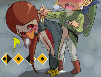 1boy 1girl bad_id bad_pixiv_id beak bent_over blush breath brown_hair clothed_sex clothes_lift cum cumdrip doggystyle dress dress_lift flat_chest gameplay_mechanics hands_on_own_knees head_out_of_frame heavy_breathing hetero link long_hair master_sword medli mind_control monster_girl nintendo no_panties pantyhose parted_bangs pointy_ears r-one rape red_eyes rito sex sex_from_behind sheath sheathed standing standing_sex sweat tears the_legend_of_zelda the_legend_of_zelda:_the_wind_waker toon_link wand