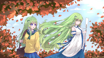 2girls absurdres alternate_costume autumn_leaves bag blue_skirt blue_sky breasts brown_bag chinese_commentary ci_sheng_shi_ying closed_mouth commentary_request day detached_sleeves dual_persona frog_hair_ornament gohei green_eyes green_hair hair_ornament hair_tubes highres holding holding_gohei kochiya_sanae large_breasts leaf long_hair multiple_girls open_mouth outdoors plaid_clothes plaid_skirt pleated_skirt school_uniform shoulder_bag single_hair_tube skirt sky smile snake_hair_ornament sweater touhou very_long_hair yellow_sweater