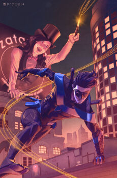 1boy 1girl batman_(series) bow bowtie dc_comics dick_grayson escrima_stick hat highres jamal_campbell magic mask nightwing split-toe_footwear top_hat vest waistcoat wand weapon zatanna_zatara