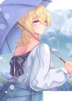 Rule 34 | 1girl, blonde hair, blue eyes, blue skirt, blue umbrella, closed mouth, denim, denim skirt, hair between eyes, highres, holding, holding umbrella, kantai collection, long sleeves, looking at viewer, medium hair, nagi kantai114, official alternate costume, rain, shirt, skirt, smile, solo, tuscaloosa (kancolle), tuscaloosa (rainy season) (kancolle), umbrella, upper body, white shirt