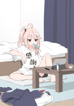 1girl absurdres ahoge barefoot bed black_shorts blue_archive blue_sailor_collar blue_skirt cardigan cellphone clothes_writing commentary_request drink_carton food food_in_mouth full_body hair_ornament halo highres indoors knee_up long_hair milk_carton miniskirt mouth_hold natsu_(blue_archive) phone pink_hair pink_halo pleated_skirt popsicle popsicle_in_mouth red_eyes sailor_collar shirt shorts side_ponytail sitting skirt smartphone solo t-shirt table tablet_pc translation_request ttmry_bonbon unworn_cardigan unworn_skirt white_cardigan white_shirt