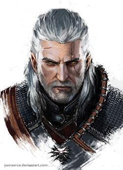 1boy armor artist_name beard deviantart_username facial_hair geralt_of_rivia highres looking_at_viewer portrait scar scar_across_eye scar_on_face simple_background solo the_witcher_(series) watermark web_address white_background white_hair witcher_medallion yama_orce yellow_eyes