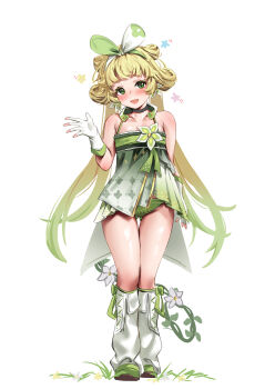1girl absurdres bairimeng bare_shoulders blonde_hair blush bow_hairband breasts chinese_clothes choker dress earrings fingerless_gloves flower flower_earrings flower_on_chest gloves gradient_clothes gradient_dress green_dress green_eyes green_footwear green_hairband green_panties hairband hanfu highres jewelry leg_warmers long_hair looking_at_viewer panties qixiong_ruqun smile solo twintails underwear verina_(wuthering_waves) very_long_hair white_flower white_gloves white_leg_warmers wuthering_waves