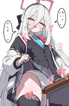 1girl area69 black_jacket black_thighhighs blazer blue_archive blue_necktie blush clothes_lift crotch_rub desk female_masturbation grey_hair hairband halo highres jacket kei_(blue_archive) kei_(new_body)_(blue_archive) lifting_own_clothes loli long_hair masturbation necktie panties pleated_skirt pussy_juice red_eyes school_desk school_uniform simple_background skirt skirt_lift solo table table_humping thighhighs translation_request underwear very_long_hair white_background white_panties