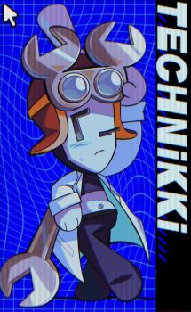 1girl blue_skin blue_theme character_name colored_skin cursor goggles goggles_on_head lab_coat mario_&amp;_luigi:_brothership mario_&amp;_luigi_rpg mario_(series) midriff navel nintendo one_eye_closed petzcatz2 solo sweatdrop technikki_(mario) vhs_artifacts wrench