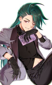 1girl box bright_pupils clothing_cutout earrings formal_clothes gift gift_box gloves green_hair hair_down jacket jewelry long_hair marghe_bita multiple_piercings navel navel_cutout official_alternate_costume one_eye_closed pokemon pokemon_masters_ex red_eyes rika_(palentine's_2026)_(pokemon) rika_(pokemon) sitting smile solo suit sweater turtleneck turtleneck_sweater