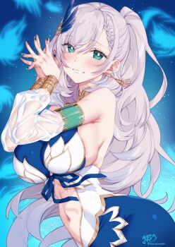 1girl aqua_eyes armpit_crease blue_dress bracelet braid braided_bangs breasts bright_pupils clothing_cutout commentary detached_sleeves dress feather_hair_ornament feathers from_side grey_hair grin hair_ornament hands_up highres hololive hololive_indonesia jewelry kamiya_maneki large_breasts long_hair looking_at_viewer nail_polish navel pavolia_reine pavolia_reine_(1st_costume) ponytail see-through_clothes see-through_sleeves sideboob sleeveless sleeveless_dress smile solo stomach_cutout swept_bangs upper_body very_long_hair virtual_youtuber wavy_hair white_pupils white_sleeves