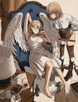 2girls absurdres alcohol angel angel_wings arm_behind_head barefoot blonde_hair blush boots bottle breasts brown_boots brown_eyes chair closed_eyes cup dress from_above full_body gold_can highres lamp long_hair looking_at_another lying medium_breasts medium_hair multiple_girls on_back on_chair original paper parted_lips shirt standing thighs white_dress white_shirt wings