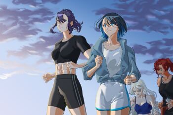 4girls abs black_hair black_shirt black_shorts black_tank_top blue_camisole blue_eyes blue_hair blue_jacket blue_sky braid breasts camisole closed_eyes closed_mouth colored_inner_hair commentary_request crop_top crown_braid gundam gundam_suisei_no_majo jacket jogging korean_commentary medium_breasts miorine_rembran morning multicolored_hair multiple_girls muscular muscular_female nika_nanaura open_mouth outdoors ponytail purple_hair red_hair sabina_fardin shirt shorts sky smile snapagi suletta_mercury sweat tank_top thick_eyebrows white_hair white_shirt white_shorts