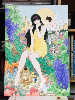 1boy 1girl animal aoba_shunsuke asaoka_natsumi between_legs black_eyes black_hair blue_coat blue_hat brown_eyes coat commentary_request completely_nude creature day dress fairy fairy_wings fantasy fish flower flying food fruit furry grapes grass hairband hand_between_legs hand_on_own_chin hat highres house long_hair looking_at_another mailbox_(incoming_mail) miura_mitsuru mountain mushroom nature nude official_artist_extra open_mouth orange_flower orange_rose outdoors pink_flower pink_hairband pink_rose plant pond pumpkin purple_flower rabbit rose short_hair sitting smile spaghetti_strap strapless strapless_dress sun the_kabocha_wine top_hat traditional_media tree very_long_hair water waterfall wings yellow_dress yellow_flower yellow_rose