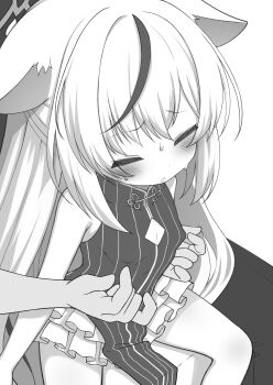 1boy 1girl absurdres animal_ear_fluff animal_ears bare_arms bare_shoulders blue_archive blush breasts closed_eyes commentary_request covered_erect_nipples dress feet_out_of_frame greyscale heterochromia highres kokona_(blue_archive) layered_skirt loli long_hair monochrome multicolored_hair nipple_stimulation parted_lips pinstripe_dress pinstripe_pattern pleated_skirt sasakura_momiji simple_background sitting skirt sleeveless sleeveless_dress small_breasts solo_focus streaked_hair sweat very_long_hair white_background