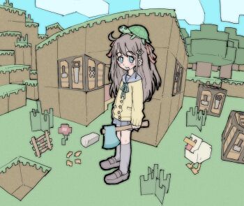 1girl :d ahoge axe bird black_outline block_(minecraft) block_(object) blue_eyes blush bow bowtie brown_footwear brown_hair cardigan chicken chicken_(minecraft) cloud crafting_table_(minecraft) fisheye flower grass green_ribbon grey_sailor_collar grey_skirt hair_bow hair_ornament heart heart_hair_ornament holding holding_axe indie_virtual_youtuber kneehighs long_hair long_sleeves looking_to_the_side minecraft minecraft_axe neck_ribbon neuro-sama open_mouth outline pantsu-ripper pleated_skirt red_ribbon ribbon sailor_collar school_uniform shoes skirt sky smile socks solo_focus standing tree turtle two_side_up vedal987 virtual_youtuber wide_shot yellow_cardigan