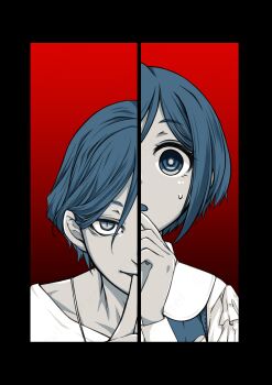 1boy 1girl amadera_shizuki black_border border collared_shirt commentary_request fukurai_azami hair_between_eyes hand_up highres limited_palette looking_at_viewer meguriya_ayumu red_background shirt short_hair split_screen split_theme sweatdrop toshi_densetsu_kaitai_center upper_body