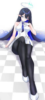 1girl asya black_hair black_pantyhose blue_archive blue_eyeliner blue_hair blue_halo blue_necktie checkered_floor collared_dress colored_inner_hair dress eyeliner full_body glasses gloves hair_spread_out halo hand_on_own_chest highres knee_up looking_to_the_side makeup multicolored_hair necktie pantyhose pointy_ears rimless_eyewear rin_(blue_archive) sitting sleeveless sleeveless_dress solo white_gloves