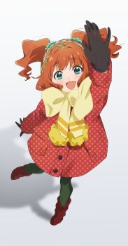 Rule 34 | 1girl, :d, absurdres, arm up, black gloves, coat, commentary request, from above, full body, gloves, green eyes, highres, idolmaster, idolmaster (classic), katsu (kana), long sleeves, looking at viewer, open mouth, orange hair, polka dot coat, red coat, scarf, shadow, simple background, smile, solo, standing, standing on one leg, takatsuki yayoi, twintails, white background, yellow scarf