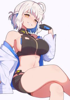 1girl ahoge armpit_crease black_gloves black_shorts blair_labri blue_streaks braid breasts commentary ghelber0 gloves half_up_braid highres indie_virtual_youtuber jacket large_breasts looking_at_viewer navel off_shoulder parted_lips second-party_source shorts sideboob sitting thick_thighs thighs virtual_youtuber white_hair white_jacket yellow_eyes