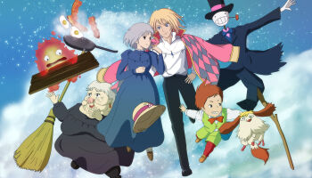 00s 2boys 2girls artist_request bacon broom calcifer couple dog egg everyone fire food frying_pan hat heen hetero highres howl howl_no_ugoku_shiro howl_pendragon kakashi_no_kabu markl multiple_boys multiple_girls poo_(saku) scarecrow smoking_pipe sophie sophie_hatter_(howl_no_ugoku_shiro) studio_ghibli witch_of_the_waste wood