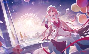 1girl absurdres amusement_park artist_name balloon breasts cleavage diamond-shaped_pupils diamond_(shape) dress elf elysia_(hi_love_elf)_(honkai_impact) elysia_(honkai_impact) ferris_wheel hashtag-only_commentary highres honkai_(series) honkai_impact_3rd large_breasts long_hair multicolored_hair night night_sky pink_hair pmmg pointy_ears purple_eyes red_dress sitting sky smile solo symbol-shaped_pupils thighhighs two-tone_dress two-tone_hair very_long_hair weibo_username white_dress white_hair white_thighhighs