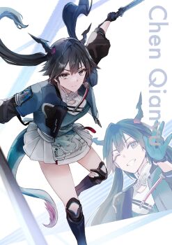 Rule 34 | 1girl, arknights, arknights: endfield, artist name, black gloves, black hair, blue horns, blue tail, chen qianyu (arknights), closed mouth, commentary request, cropped jacket, cropped torso, dragon girl, dragon horns, dragon tail, e-bushi, eastern dragon horns, eastern dragon tail, feet out of frame, gloves, highres, holding, holding sword, holding weapon, horns, jacket, long hair, long sleeves, looking at viewer, multiple views, one eye closed, open clothes, open jacket, open mouth, red tail, smile, sword, tail, teeth, twintails, weapon