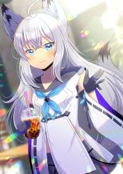 Rule 34 | 1girl, ahoge, animal ear fluff, animal ears, azur lane, black gloves, blue eyes, blue neckerchief, blurry, blurry background, bubble tea, closed mouth, commentary request, commission, cup, depth of field, detached sleeves, disposable cup, drinking straw, dutch angle, glint, gloves, grey hair, grey skirt, hair between eyes, holding, holding cup, jewelry, kawakaze (kancolle), kou hiyoyo, long hair, long sleeves, looking at viewer, neckerchief, pleated skirt, ribbon-trimmed sleeves, ribbon trim, ring, skeb commission, skirt, smile, solo, tail, very long hair, white sleeves, wide sleeves