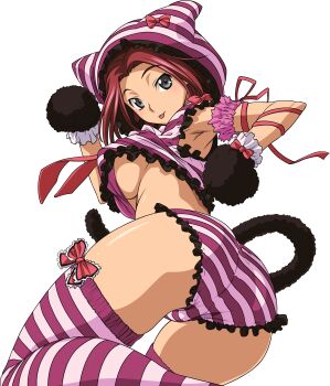 10s 1girl absurdres animal_ears animal_hands armpits ass blue_eyes bow breasts cat_tail code_geass code_geass:_nunnally_in_wonderland derivative_work female_focus frilled_panties frills from_behind gloves hat hat_with_ears highres kouzuki_kallen looking_back medium_breasts panties paw_gloves paw_pose red_hair ribbon shirt short_hair simple_background smile solo striped_clothes striped_panties striped_shirt striped_thighhighs tabata_hisayuki tail thighhighs tongue tongue_out transparent_background underboob underwear vector_trace