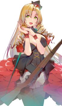 Rule 34 | 1girl, absurdres, black hat, blonde hair, breasts, commentary, flower, fn-49, fn-49 (girls' frontline), fn-49 (mod3) (girls' frontline), girls' frontline, green eyes, gun, gun sling, hat, hat flower, highres, large breasts, long hair, looking at viewer, open mouth, ren huozhe, rifle, simple background, smile, solo, weapon, white background