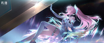 Rule 34 | 1girl, absurdres, aemeath (wuthering waves), asymmetrical footwear, bare shoulders, boots, breasts, chinese commentary, commentary request, elbow gloves, glitch, gloves, hair ornament, highres, leotard, logo, long hair, medium breasts, official art, orange eyes, pink hair, ponytail, single thigh boot, skirt, sky, solo, space, star-shaped pupils, star (sky), star (symbol), starry sky, symbol-shaped pupils, thigh boots, thighs, uneven footwear, white boots, white gloves, white leotard, white skirt, wuthering waves