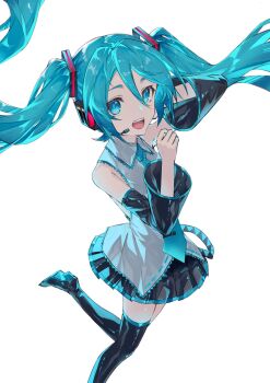 1girl :d aqua_eyes aqua_hair aqua_necktie aqua_trim black_boots black_skirt black_sleeves boots collared_shirt commentary detached_sleeves foot_out_of_frame frilled_shirt frills from_above full_body grey_shirt hair_between_eyes hair_ornament hand_on_own_ear hands_up hatsune_miku headset highres leg_up long_hair looking_at_viewer miniskirt necktie open_mouth pleated_skirt shiny_clothes shirt sidelocks simple_background skirt sleeveless sleeveless_shirt smile solo teeth thigh_boots thighhighs tie_clip twintails untranslatable_commentary untucked_shirt upper_teeth_only very_long_hair vocaloid white_background wide_sleeves yohki zettai_ryouiki