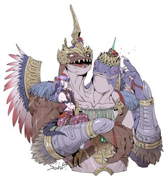 1boy 1girl ^_^ absurdres affectionate au_ra blank_eyes closed_eyes colored_skin commission cropped_torso crown dragon_girl dragon_horns dragon_tail fake_wings fewer_digits final_fantasy final_fantasy_xiv furry furry_male gulool_ja_ja headpiece highres horns mamool_ja medium_hair multicolored_skin multiple_heads open_mouth own_hands_together purple_hair purple_skin reptile_boy second-party_source sharp_teeth signature simple_background sitting sitting_on_person size_difference smile strbrb789 tail teeth two-tone_skin vambraces warrior_of_light_(ff14) white_background wings