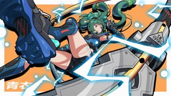 1girl absurdres android black_gloves blue_shoes blue_shorts blunt_bangs braid commentary_request fingerless_gloves gloves green_eyes green_hair hair_ornament highres hyny lightning long_hair looking_to_the_side open_mouth police police_uniform policewoman qingyi_(zenless_zone_zero) serious shoes shorts side_braids sidelocks simple_background solo sphere_hair_ornament twintails v-shaped_eyebrows zenless_zone_zero