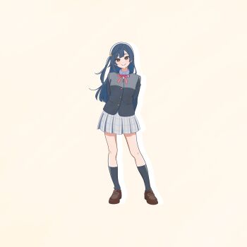 1girl arms_behind_back black_jacket black_socks blue_hair blush bright_pupils brown_shoes closed_mouth commentary_request contrapposto drop_shadow full_body grey_skirt hair_ornament highres jacket kneehighs loafers long_hair looking_at_viewer love_live! love_live!_nijigasaki_high_school_idol_club miniskirt neck_ribbon nijigasaki_school_uniform one_side_up plaid_clothes plaid_skirt pleated_skirt red_ribbon ribbon school_uniform shoes simple_background skirt smile socks solo split_mouth triangle_hair_ornament uyu1023 white_pupils winter_uniform yellow_background yuki_setsuna