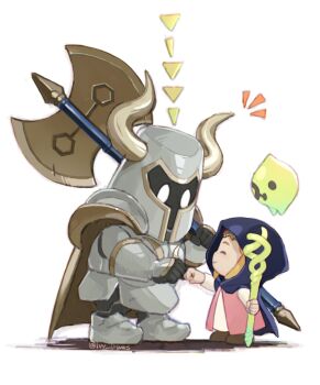 1girl 1other ^_^ armor axe blonde_hair brown_shoes cape closed_eyes closed_mouth commentary darknut dress english_commentary fake_horns fist_bump helmet highres holding holding_axe holding_wand hood hood_up hooded_cape horned_helmet horns ivy_(sena0119) knight long_sleeves nintendo notice_lines over_shoulder pointy_ears princess_zelda profile shoes sidelocks smile standing the_legend_of_zelda the_legend_of_zelda:_echoes_of_wisdom tiara tri_(zelda) wand weapon weapon_over_shoulder