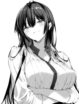 1girl arms_under_breasts buttons collarbone crossed_legs greyscale hair_between_eyes hair_ribbon haite_kudasai_takamine-san highres hiiragi_yuuichi long_hair monochrome partially_unbuttoned ribbed_shirt ribbon shirt solo takamine_takane upper_body
